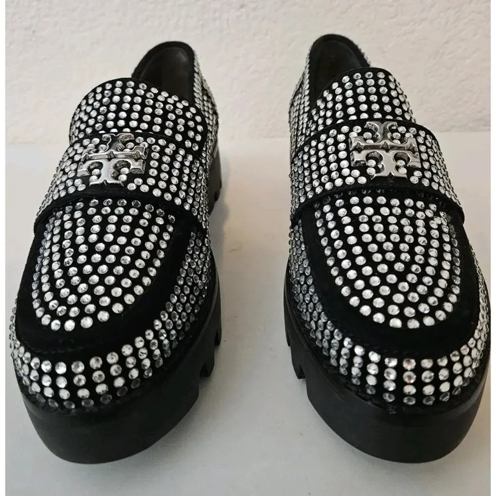 New Tory Burch Chunky Loafer Mini Everly Black Suede Crystals Lug Sole Size 7M